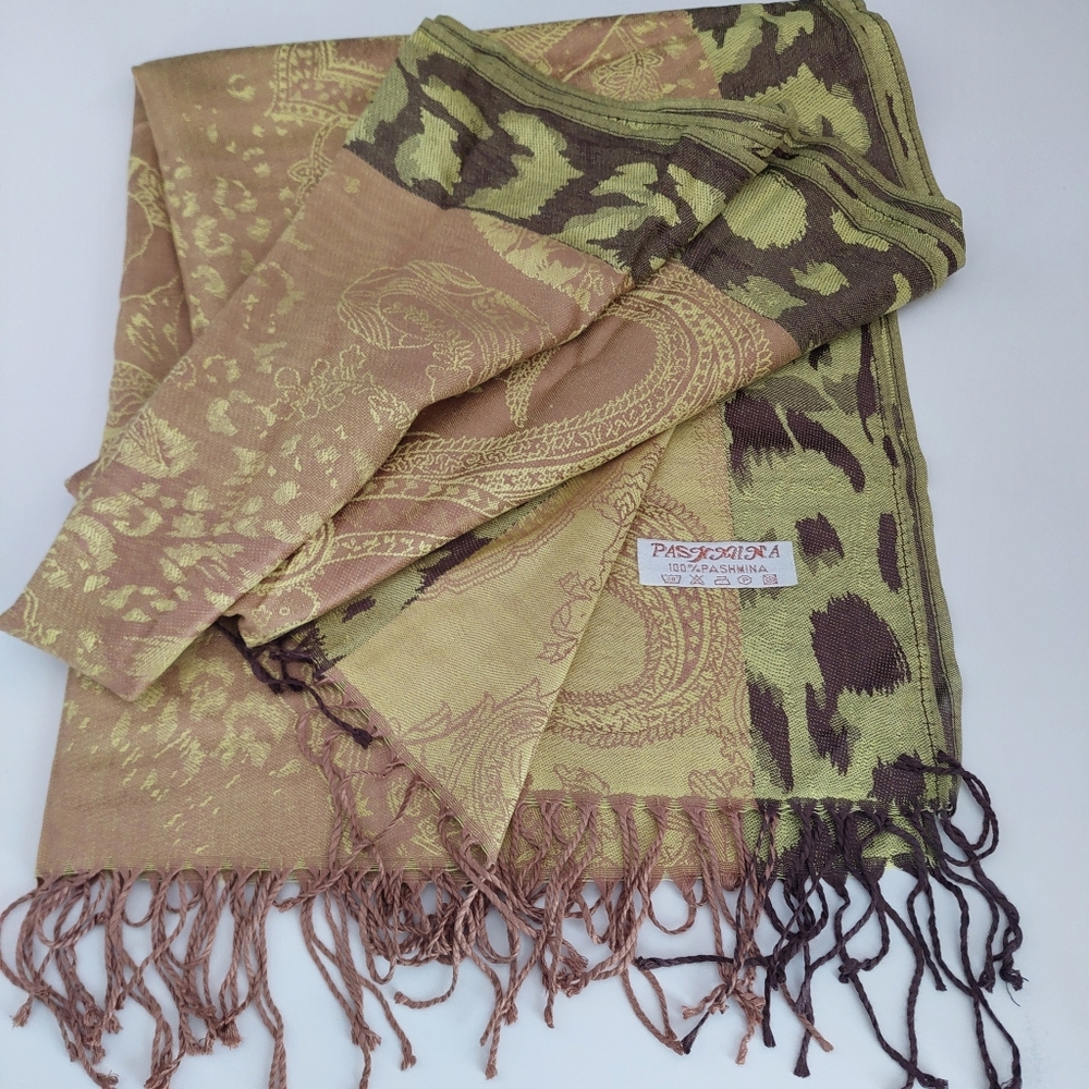 Olive Green Gold Paisley Pashmina Shawl Silk Feel Jacquard Scarf Evening Wrap - Picture 6 of 8